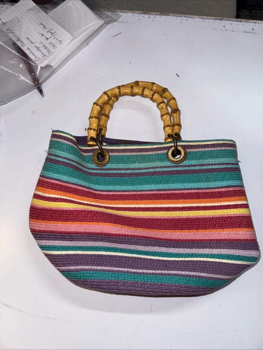 Handcrafted Woven Rainbow Threads Bamboo Handle Handbag.
